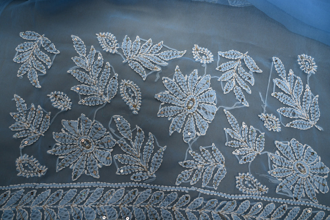 Sky Blue Authentic Hand Chikankari Full Jaal embroidery with Sequin embellishments on  Georgette Saree| Shobitam