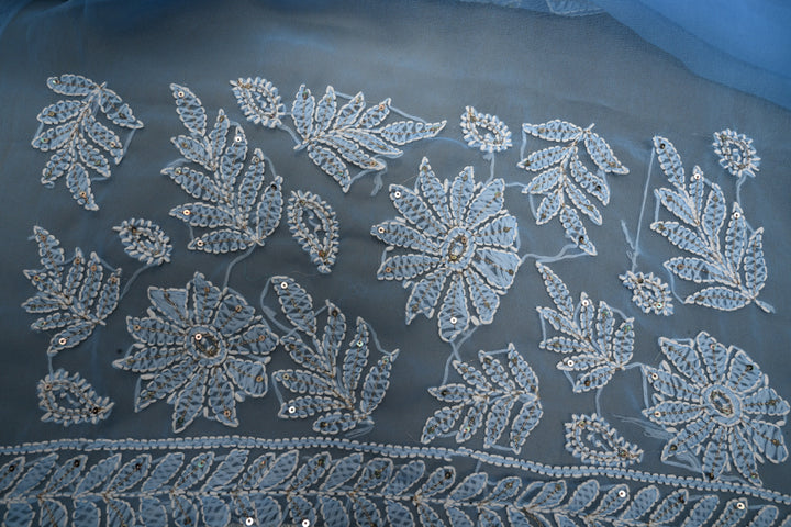 Sky Blue Authentic Hand Chikankari Full Jaal embroidery with Sequin embellishments on  Georgette Saree| Shobitam
