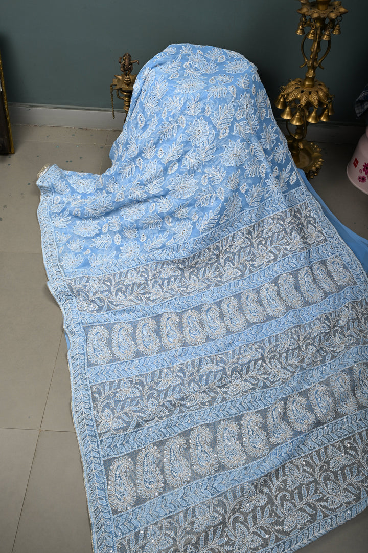 Sky Blue Authentic Hand Chikankari Full Jaal embroidery with Sequin embellishments on  Georgette Saree| Shobitam