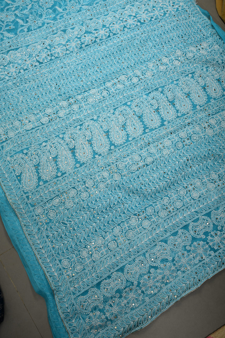 Cyan Hand-Embroidered Chikankari Georgette Saree with Full Jaal and Gotta Work