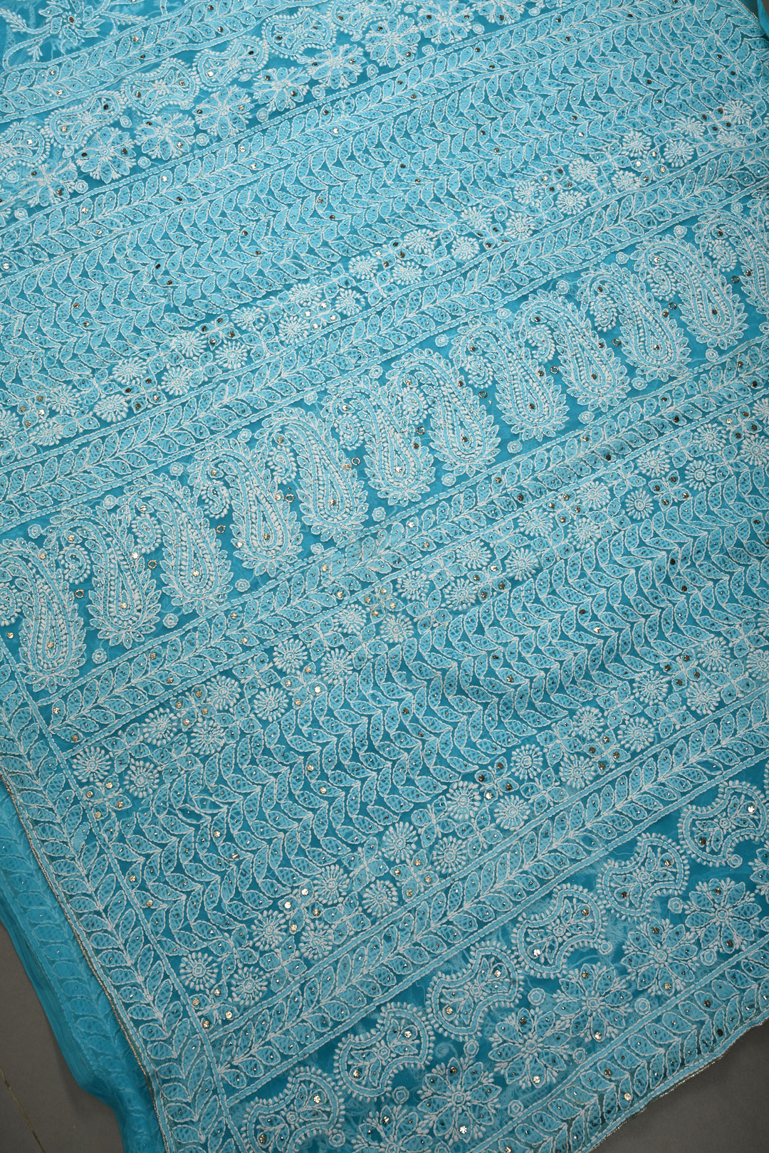 Cyan Hand-Embroidered Chikankari Georgette Saree with Full Jaal and Gotta Work