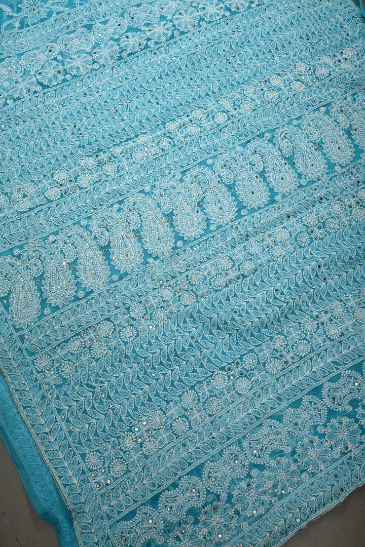 Cyan Hand-Embroidered Chikankari Georgette Saree with Full Jaal and Gotta Work