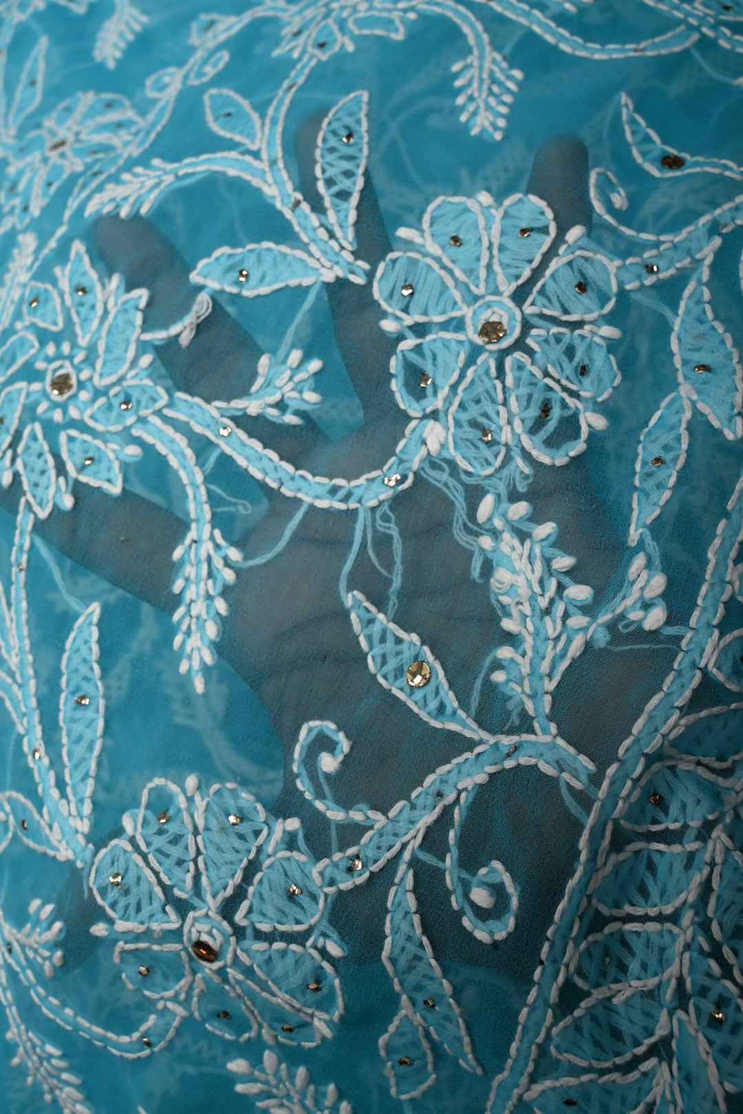 Cyan Hand-Embroidered Chikankari Georgette Saree with Full Jaal and Gotta Work