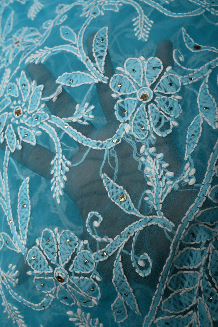 Cyan Hand-Embroidered Chikankari Georgette Saree with Full Jaal and Gotta Work
