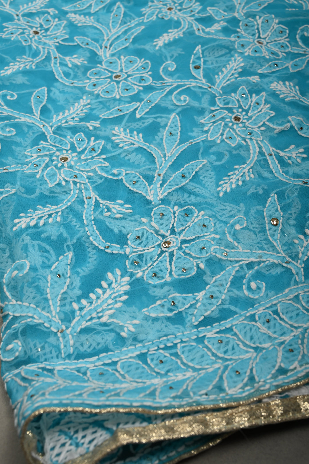 Cyan Hand-Embroidered Chikankari Georgette Saree with Full Jaal and Gotta Work