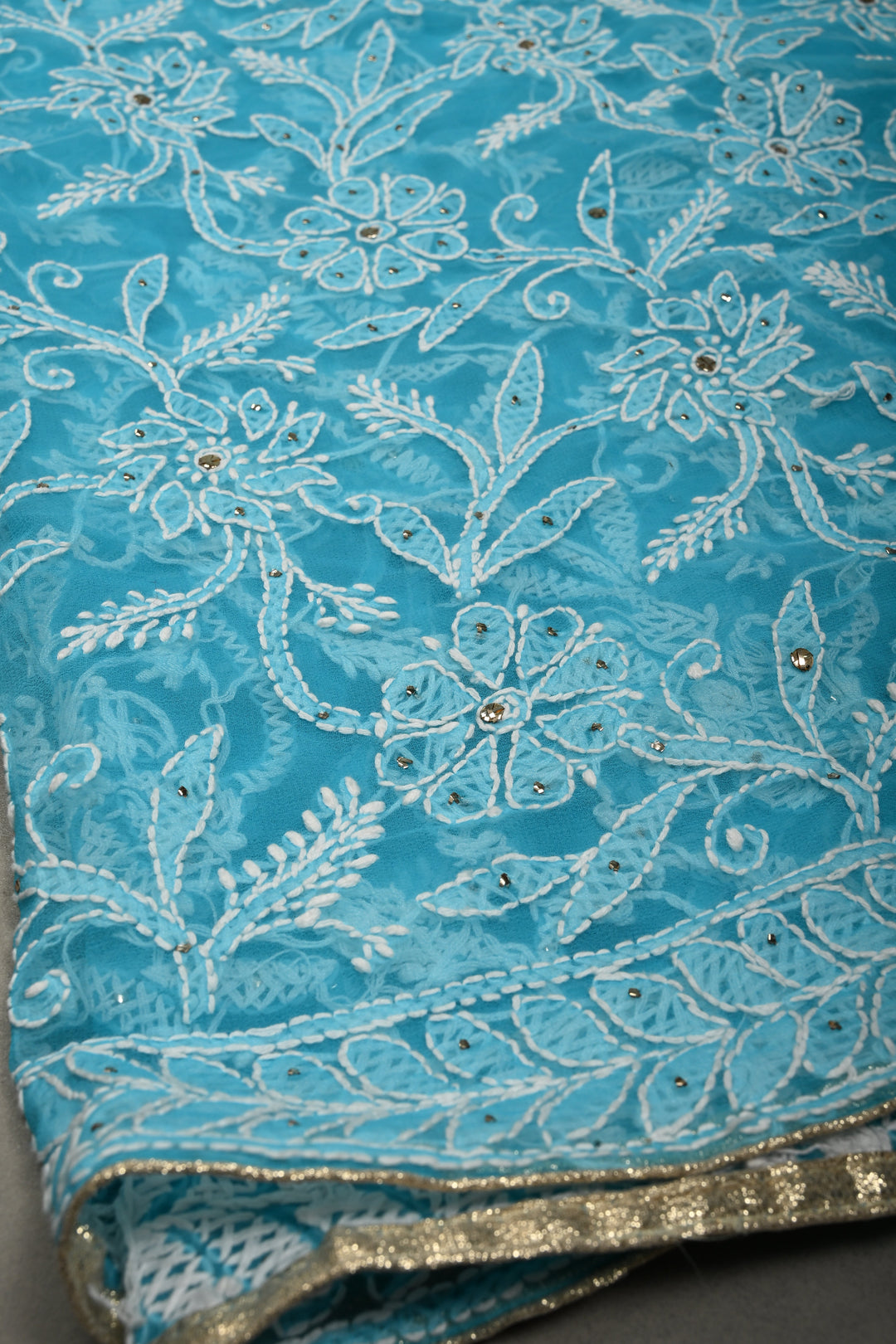 Cyan Hand-Embroidered Chikankari Georgette Saree with Full Jaal and Gotta Work