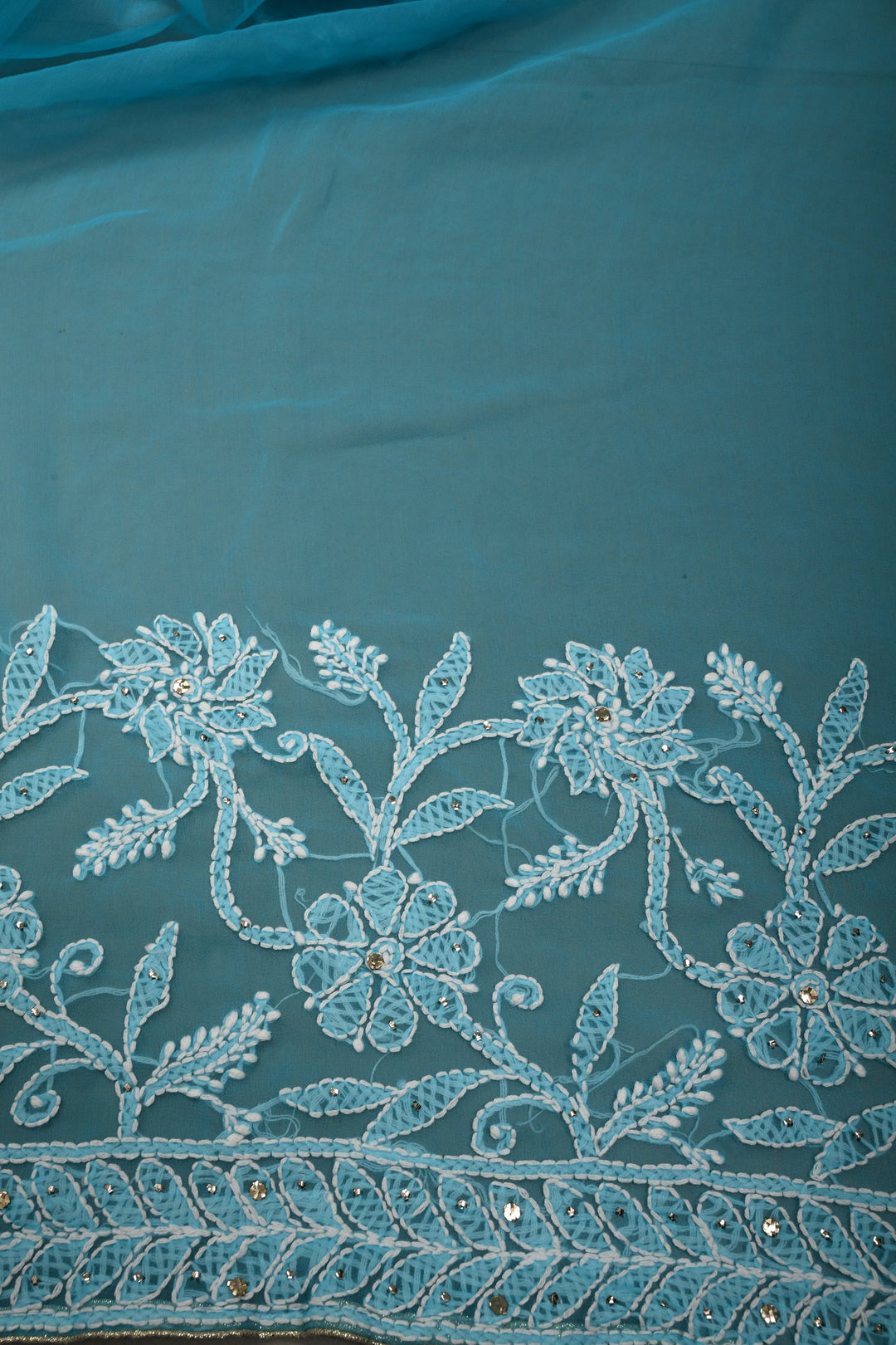 Cyan Hand-Embroidered Chikankari Georgette Saree with Full Jaal and Gotta Work