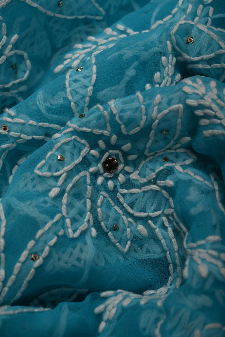 Cyan Hand-Embroidered Chikankari Georgette Saree with Full Jaal and Gotta Work