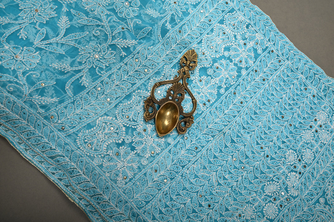 Cyan Hand-Embroidered Chikankari Georgette Saree with Full Jaal and Gotta Work