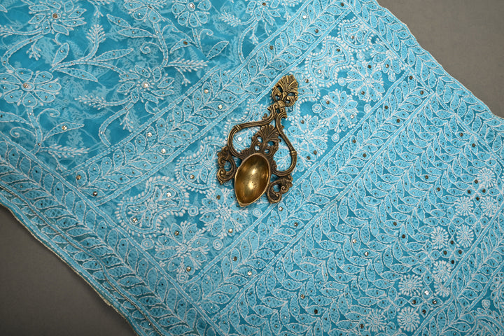 Cyan Hand-Embroidered Chikankari Georgette Saree with Full Jaal and Gotta Work