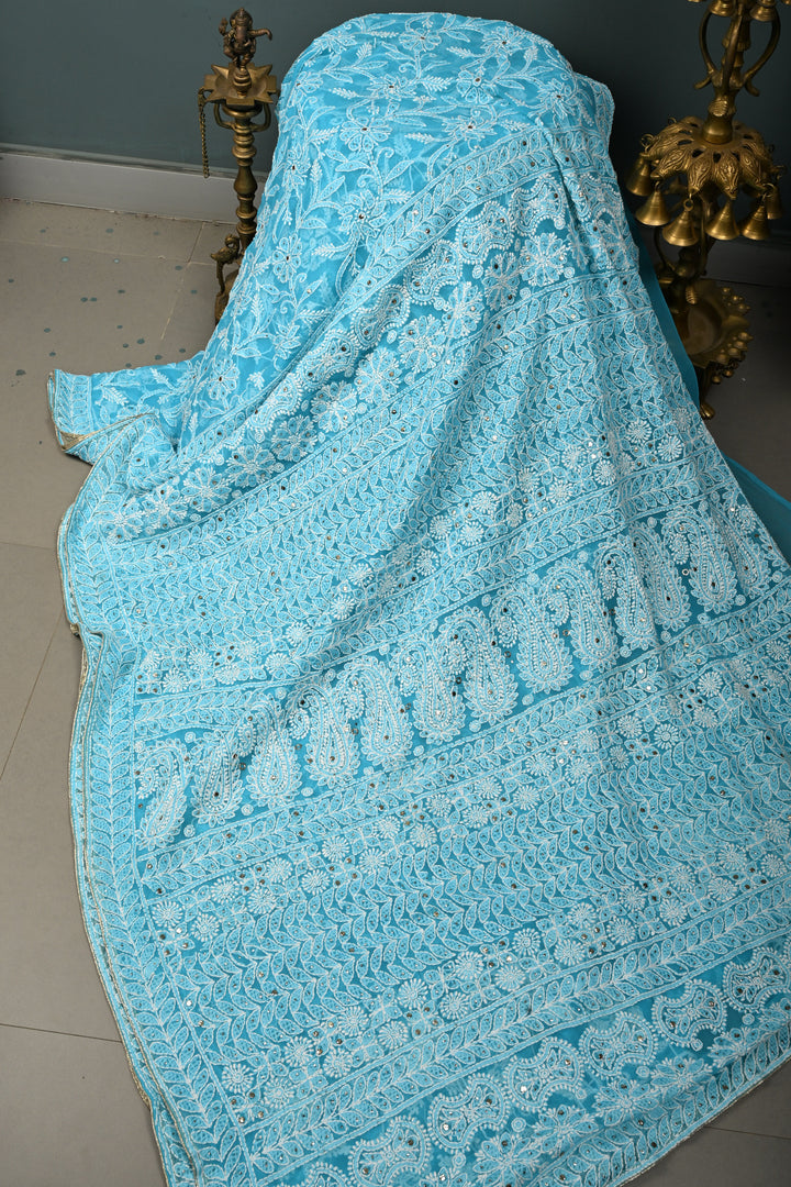 Cyan Hand-Embroidered Chikankari Georgette Saree with Full Jaal and Gotta Work