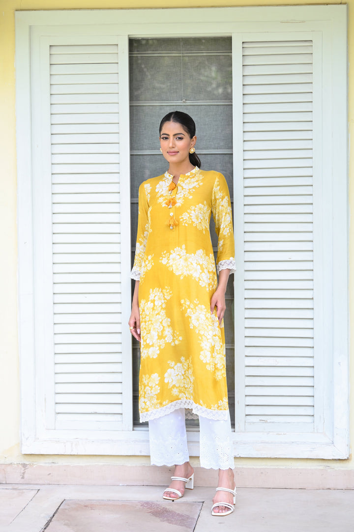 Yellow Bloom Muslin Kurti with Alluring lace and Schiffli pants- SET OF -2 | SHOBITAM