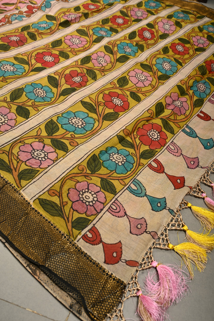 Authentic Pen Kalamkari Handpainted on Mangalagiri Silk Cotton Saree  | SHOBITAM