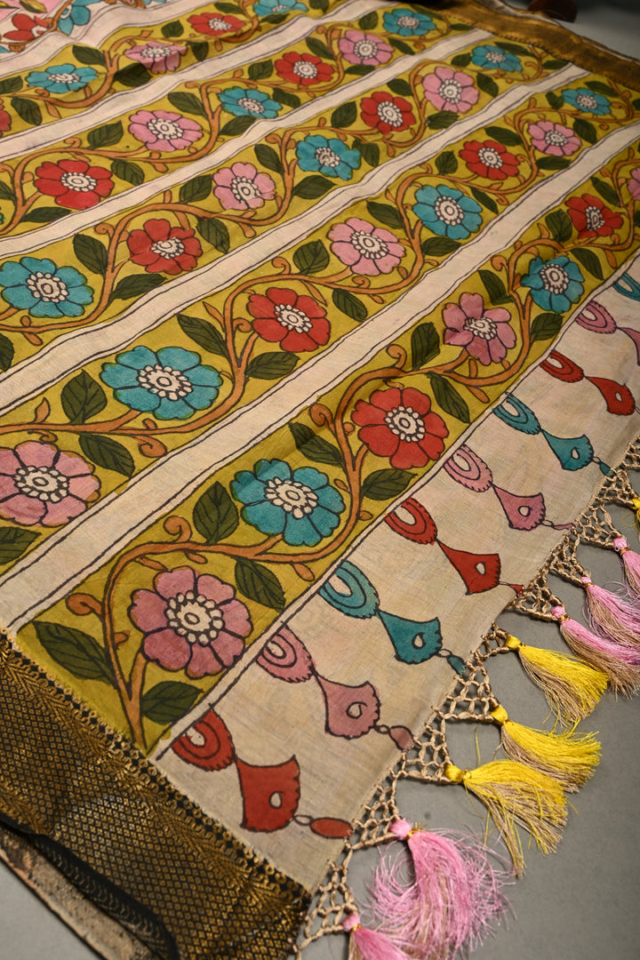 Authentic Pen Kalamkari Handpainted on Mangalagiri Silk Cotton Saree  | SHOBITAM