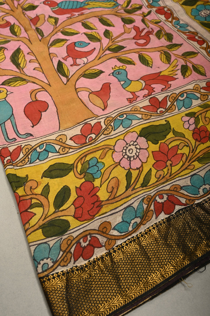 Authentic Pen Kalamkari Handpainted on Mangalagiri Silk Cotton Saree  | SHOBITAM
