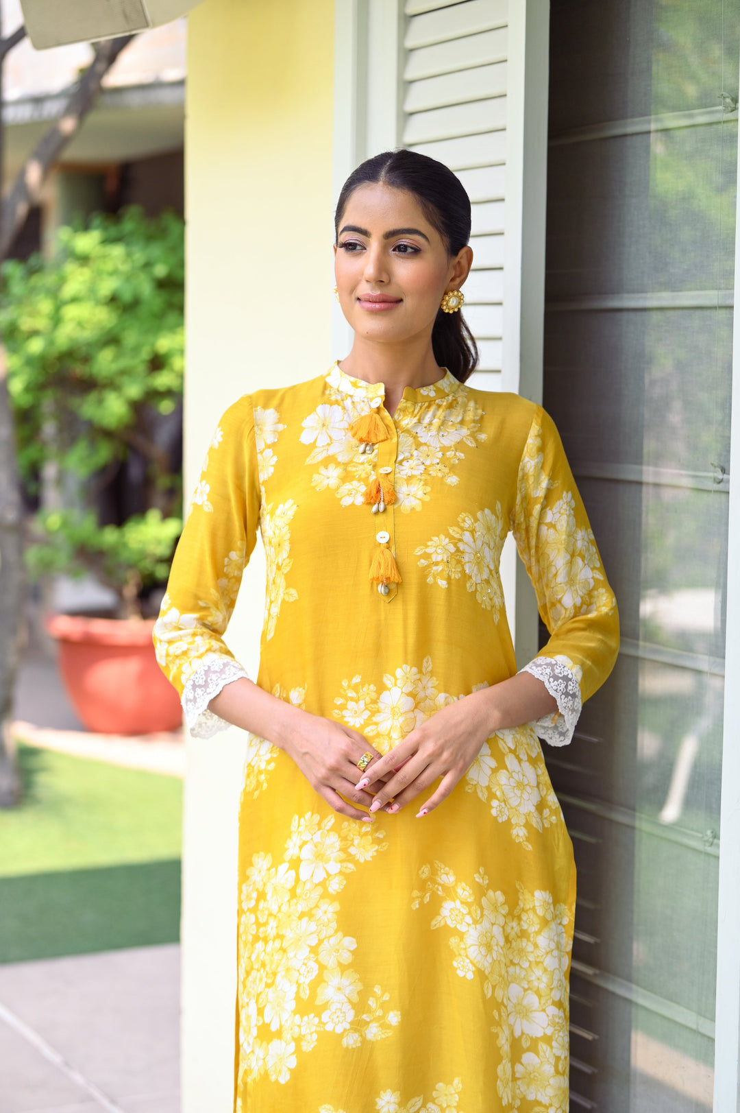 Yellow Bloom Muslin Kurti with Alluring lace and Schiffli pants- SET OF -2 | SHOBITAM