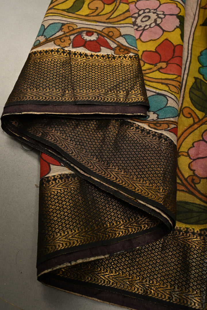 Authentic Pen Kalamkari Handpainted on Mangalagiri Silk Cotton Saree  | SHOBITAM