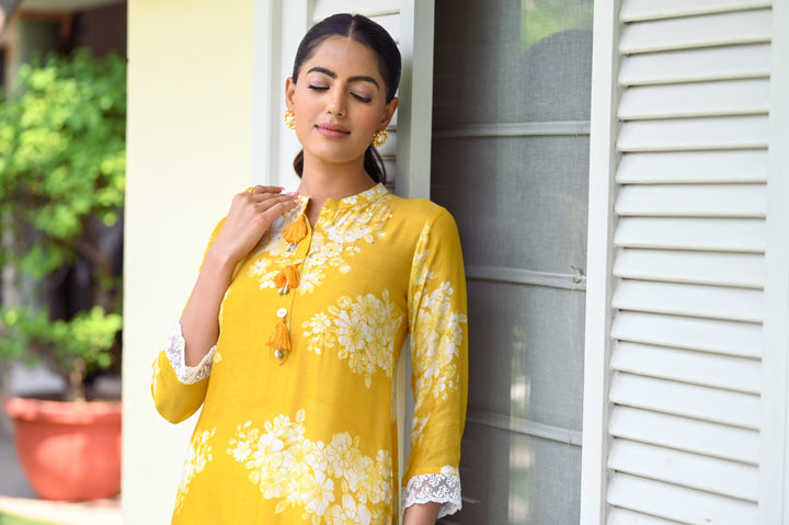Yellow Bloom Muslin Kurti with Alluring lace and Schiffli pants- SET OF -2 | SHOBITAM