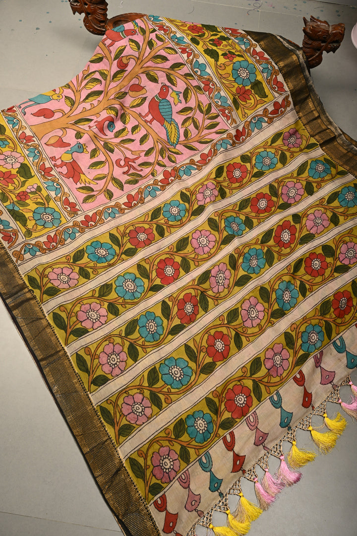 Authentic Pen Kalamkari Handpainted on Mangalagiri Silk Cotton Saree  | SHOBITAM