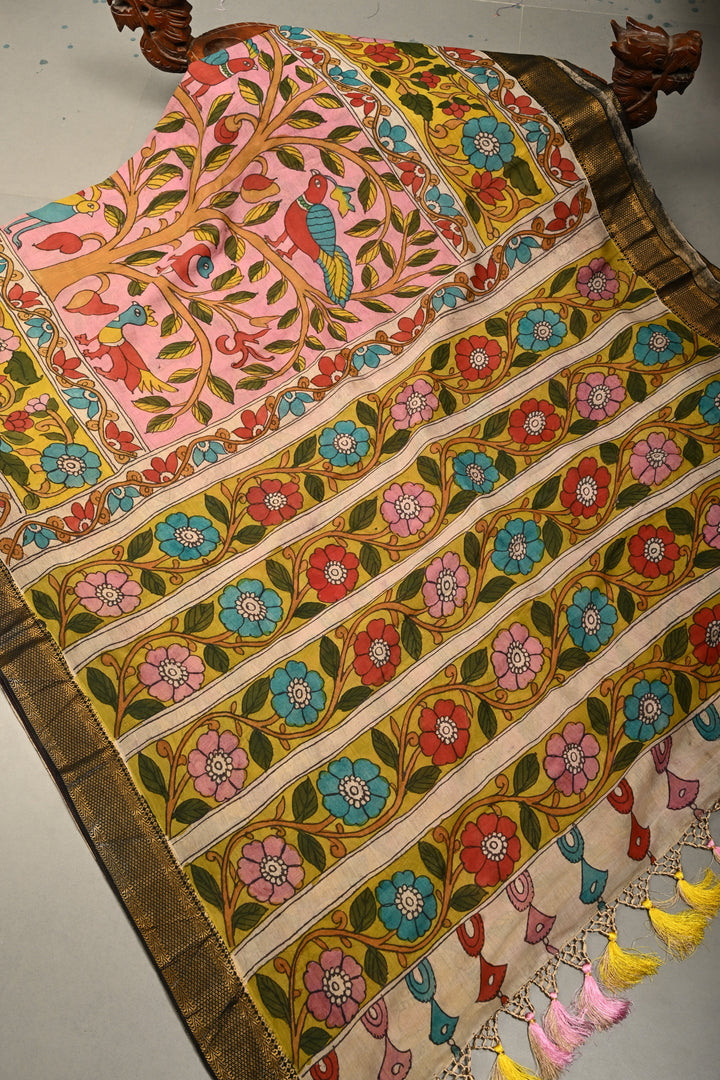 Authentic Pen Kalamkari Handpainted on Mangalagiri Silk Cotton Saree  | SHOBITAM