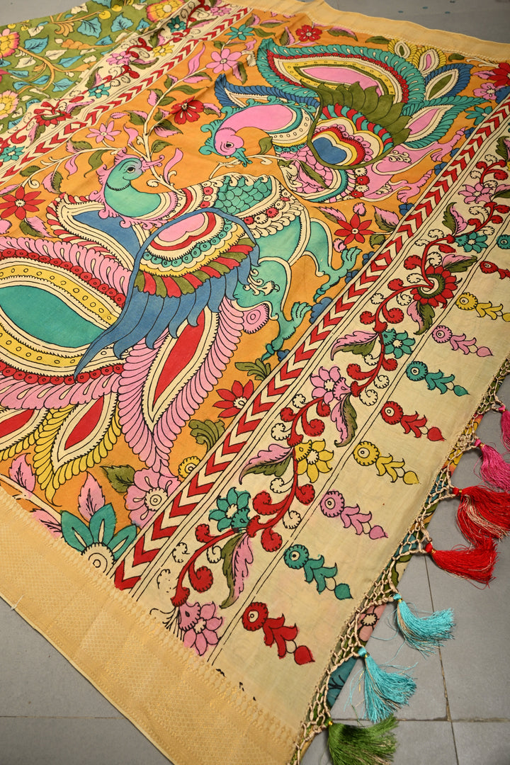 Floral-Twin Peacock Motifs on Pallu Theme: Authentic Mehendi Green Pen Kalamkari Handpainted on Silk Cotton Saree with Mangalagiri Zari Borders