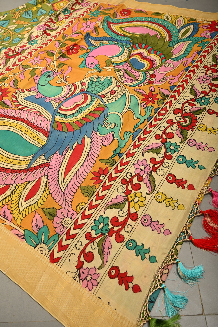 Floral-Twin Peacock Motifs on Pallu Theme: Authentic Mehendi Green Pen Kalamkari Handpainted on Silk Cotton Saree with Mangalagiri Zari Borders
