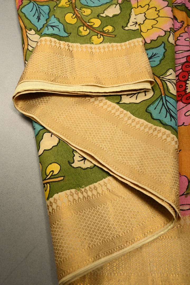 Floral-Twin Peacock Motifs on Pallu Theme: Authentic Mehendi Green Pen Kalamkari Handpainted on Silk Cotton Saree with Mangalagiri Zari Borders