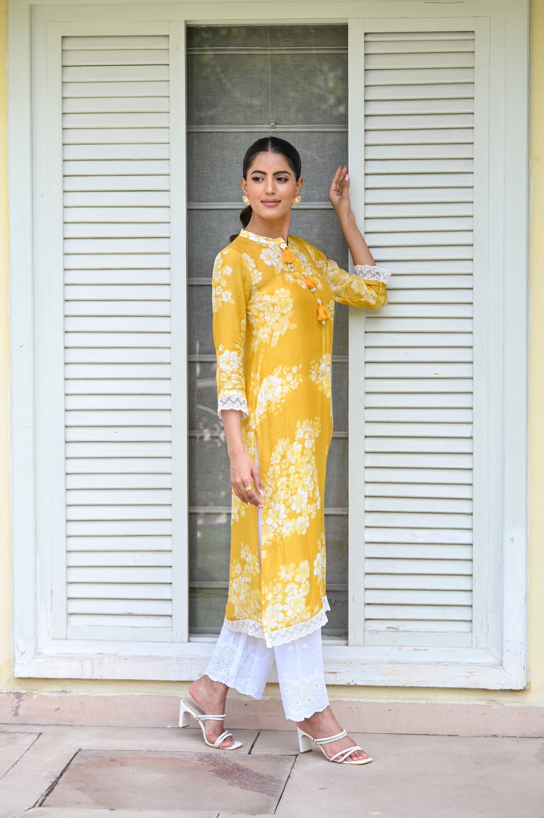 Yellow Bloom Muslin Kurti with Alluring lace and Schiffli pants- SET OF -2 | SHOBITAM