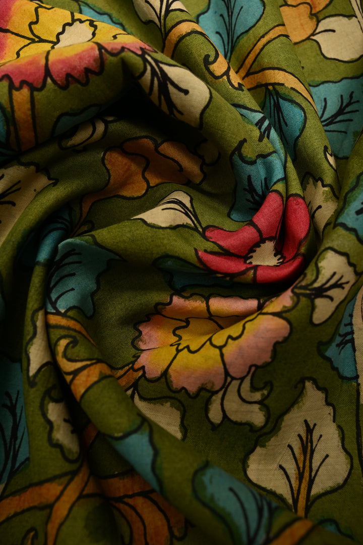 Floral-Twin Peacock Motifs on Pallu Theme: Authentic Mehendi Green Pen Kalamkari Handpainted on Silk Cotton Saree with Mangalagiri Zari Borders