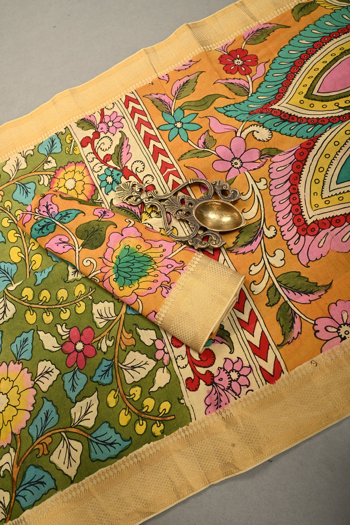 Floral-Twin Peacock Motifs on Pallu Theme: Authentic Mehendi Green Pen Kalamkari Handpainted on Silk Cotton Saree with Mangalagiri Zari Borders