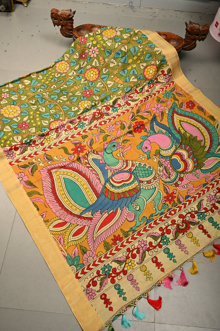 Floral-Twin Peacock Motifs on Pallu Theme: Authentic Mehendi Green Pen Kalamkari Handpainted on Silk Cotton Saree with Mangalagiri Zari Borders