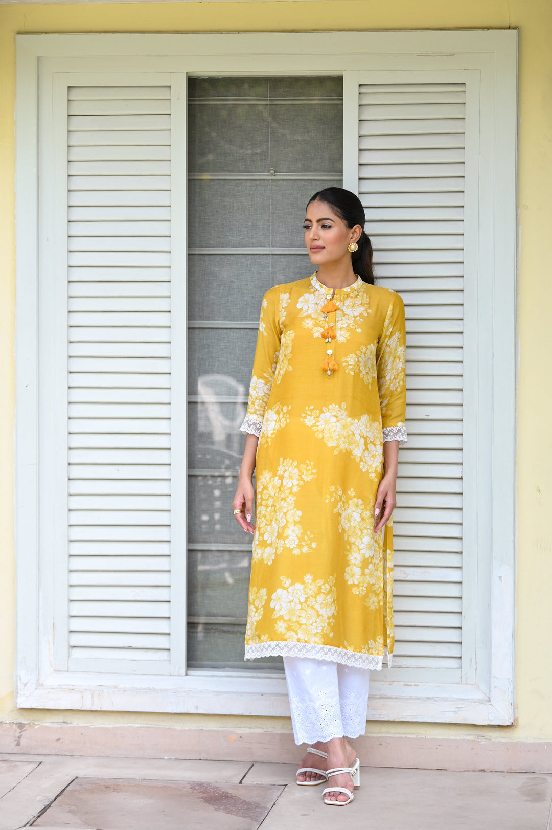 Yellow Bloom Muslin Kurti with Alluring lace and Schiffli pants- SET OF -2 | SHOBITAM