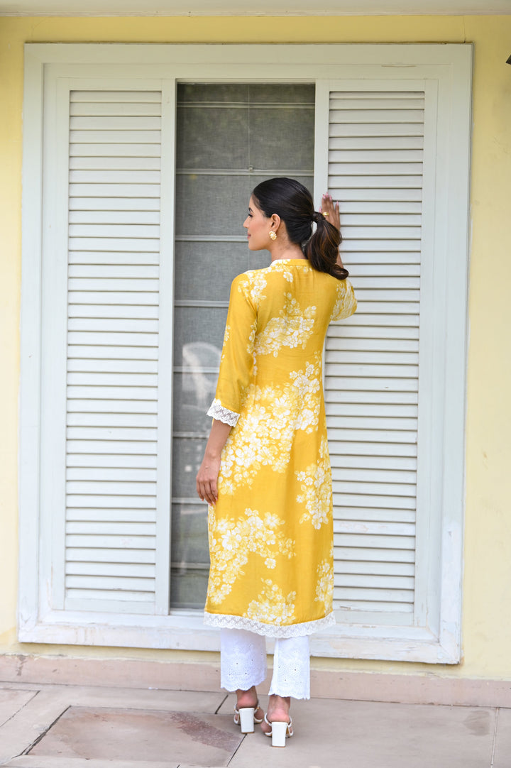 Yellow Bloom Muslin Kurti with Alluring lace and Schiffli pants- SET OF -2 | SHOBITAM