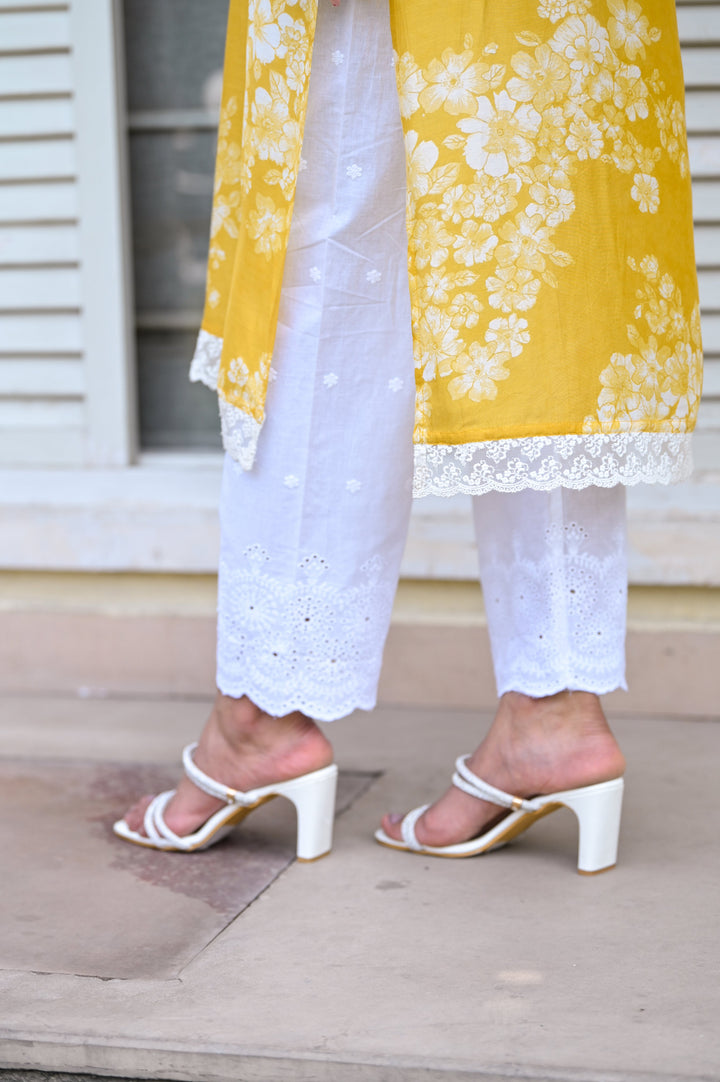 Yellow Bloom Muslin Kurti with Alluring lace and Schiffli pants- SET OF -2 | SHOBITAM