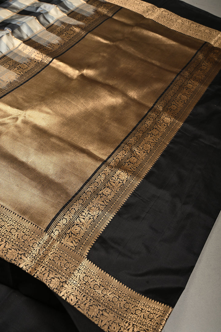 Exquisite Black-Gray-Off White Banarasi Katan Silk Saree with Checks and Kanjivaram Style Borders | SILK MARK CERTIFIED | SHOBITAM