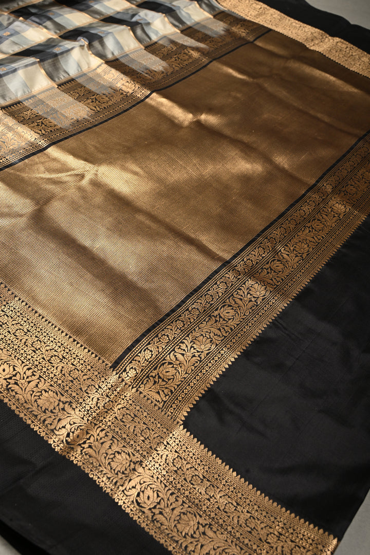 Exquisite Black-Gray-Off White Banarasi Katan Silk Saree with Checks and Kanjivaram Style Borders | SILK MARK CERTIFIED | SHOBITAM