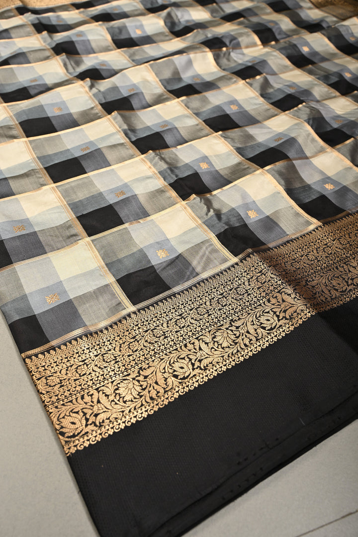 Exquisite Black-Gray-Off White Banarasi Katan Silk Saree with Checks and Kanjivaram Style Borders | SILK MARK CERTIFIED | SHOBITAM