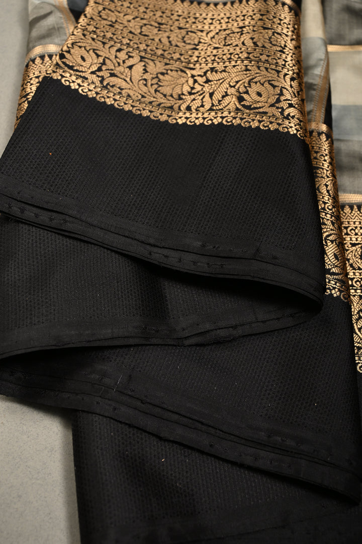 Exquisite Black-Gray-Off White Banarasi Katan Silk Saree with Checks and Kanjivaram Style Borders | SILK MARK CERTIFIED | SHOBITAM