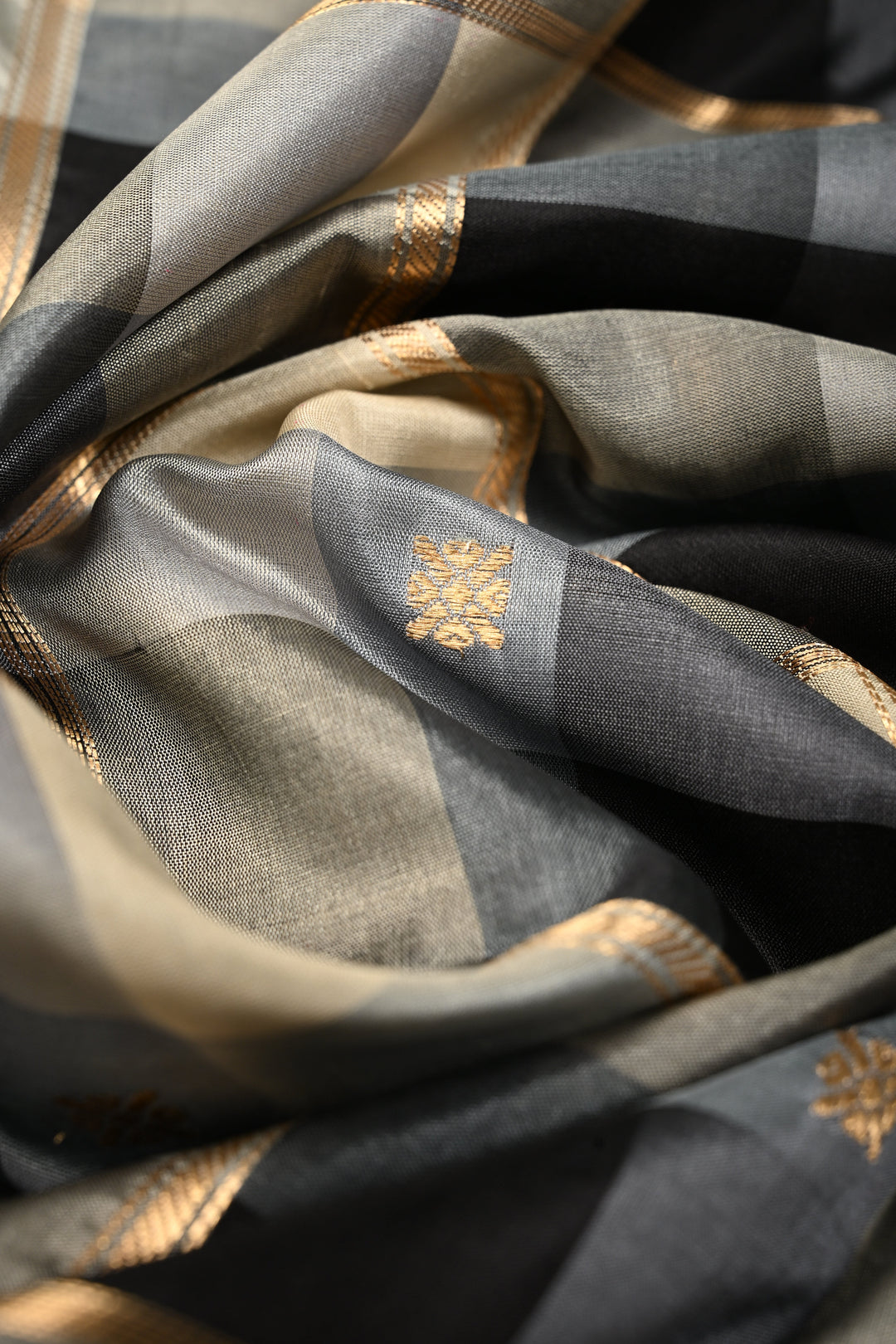 Exquisite Black-Gray-Off White Banarasi Katan Silk Saree with Checks and Kanjivaram Style Borders | SILK MARK CERTIFIED | SHOBITAM