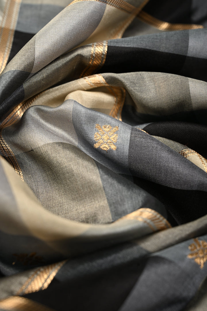 Exquisite Black-Gray-Off White Banarasi Katan Silk Saree with Checks and Kanjivaram Style Borders | SILK MARK CERTIFIED | SHOBITAM