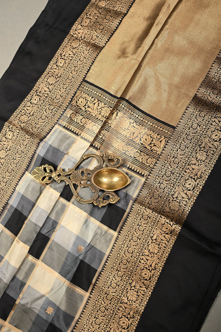 Exquisite Black-Gray-Off White Banarasi Katan Silk Saree with Checks and Kanjivaram Style Borders | SILK MARK CERTIFIED | SHOBITAM