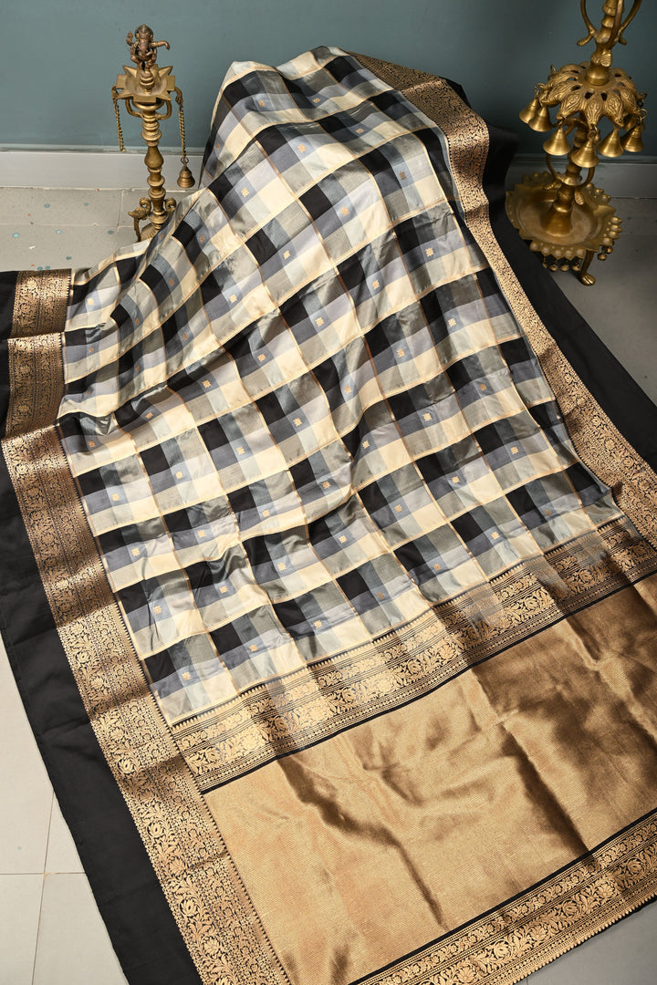 Exquisite Black-Gray-Off White Banarasi Katan Silk Saree with Checks and Kanjivaram Style Borders | SILK MARK CERTIFIED | SHOBITAM