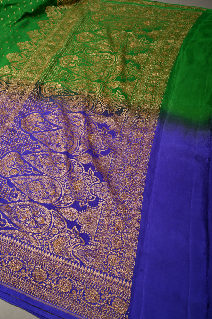 Green-Purple Banarasi Crepe Georgette Silk Saree with Zari Buttis and Antique Oxidized Zari Border | SILK MARK CERTIFIED | SHOBITAM