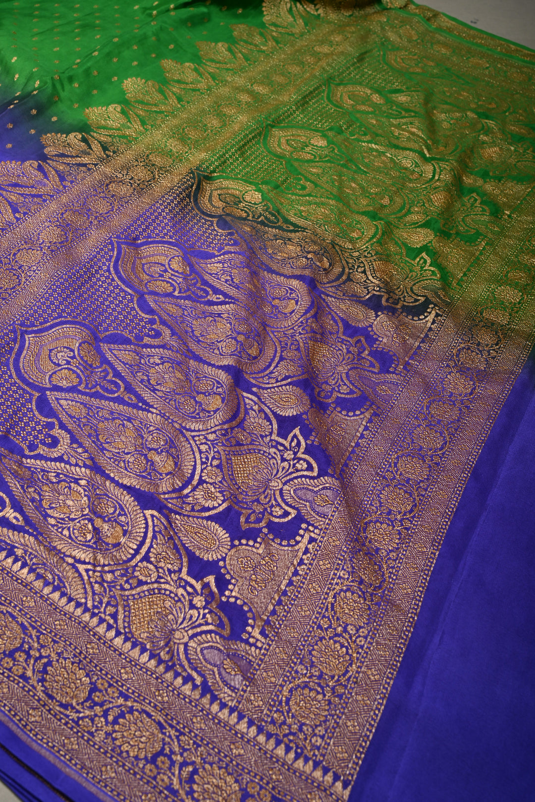Green-Purple Banarasi Crepe Georgette Silk Saree with Zari Buttis and Antique Oxidized Zari Border | SILK MARK CERTIFIED | SHOBITAM