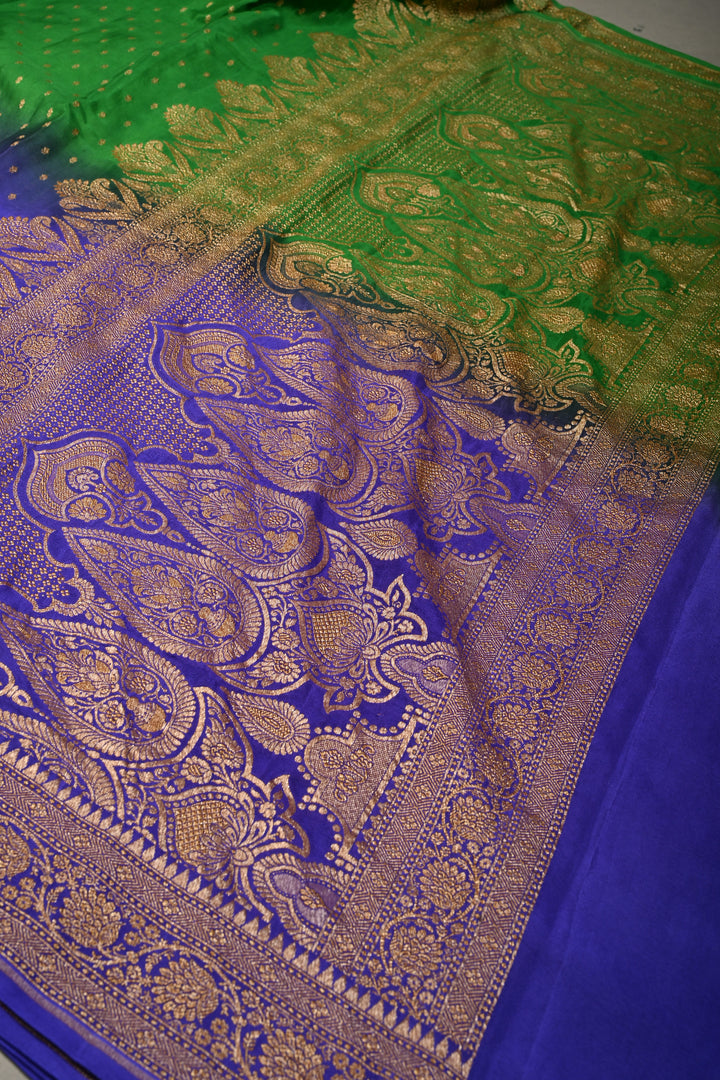 Green-Purple Banarasi Crepe Georgette Silk Saree with Zari Buttis and Antique Oxidized Zari Border | SILK MARK CERTIFIED | SHOBITAM