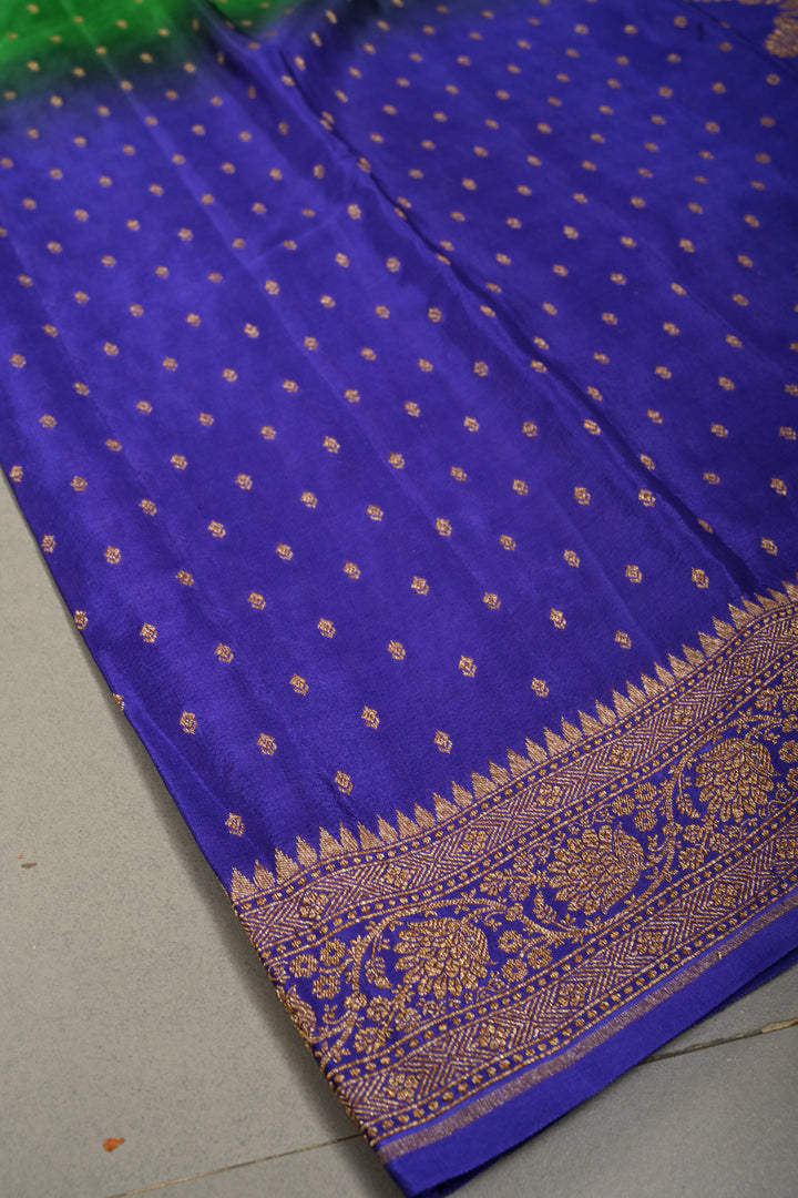 Green-Purple Banarasi Crepe Georgette Silk Saree with Zari Buttis and Antique Oxidized Zari Border | SILK MARK CERTIFIED | SHOBITAM