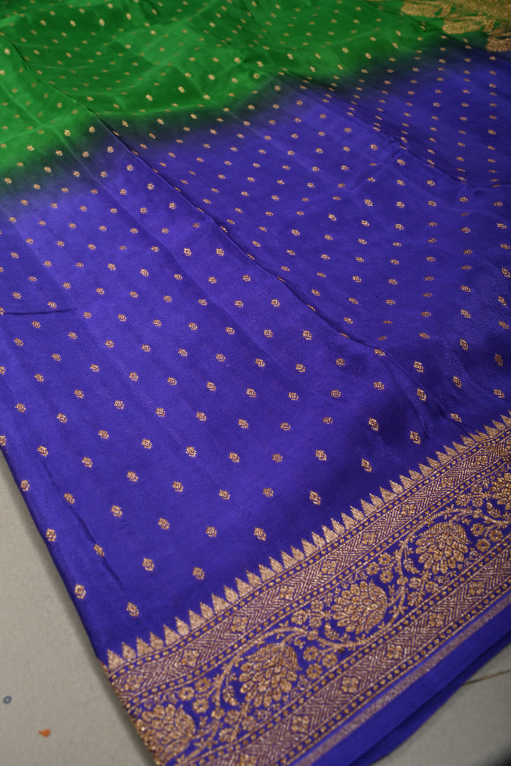 Green-Purple Banarasi Crepe Georgette Silk Saree with Zari Buttis and Antique Oxidized Zari Border | SILK MARK CERTIFIED | SHOBITAM