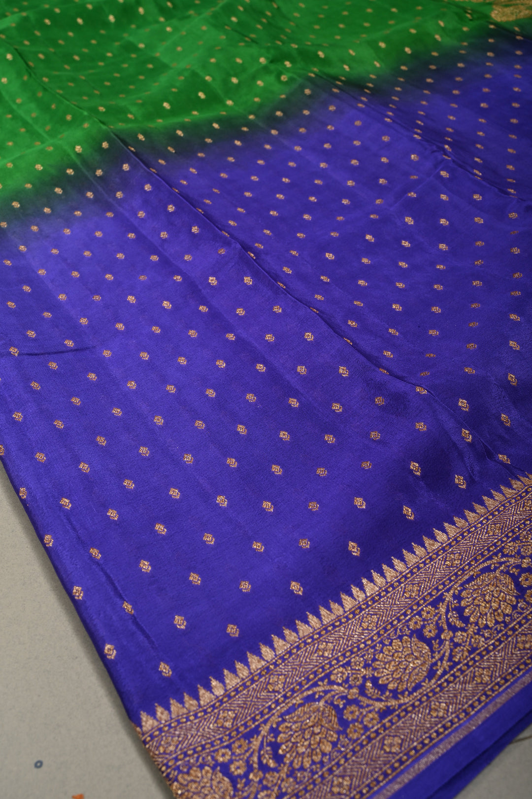 Green-Purple Banarasi Crepe Georgette Silk Saree with Zari Buttis and Antique Oxidized Zari Border | SILK MARK CERTIFIED | SHOBITAM