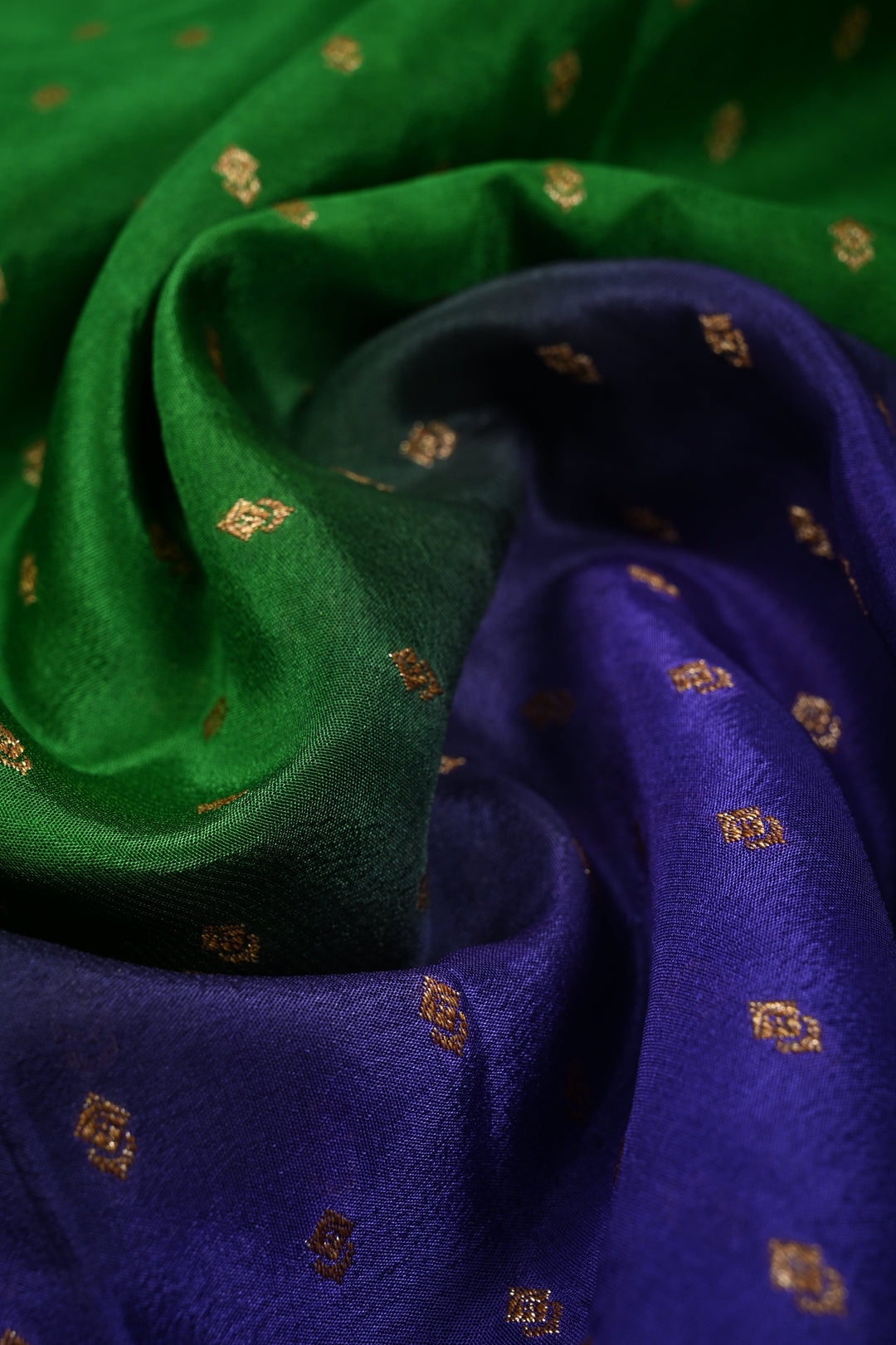 Green-Purple Banarasi Crepe Georgette Silk Saree with Zari Buttis and Antique Oxidized Zari Border | SILK MARK CERTIFIED | SHOBITAM