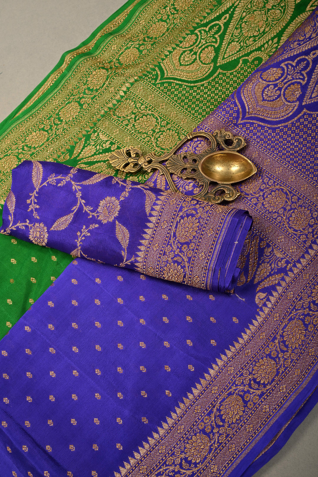 Green-Purple Banarasi Crepe Georgette Silk Saree with Zari Buttis and Antique Oxidized Zari Border | SILK MARK CERTIFIED | SHOBITAM